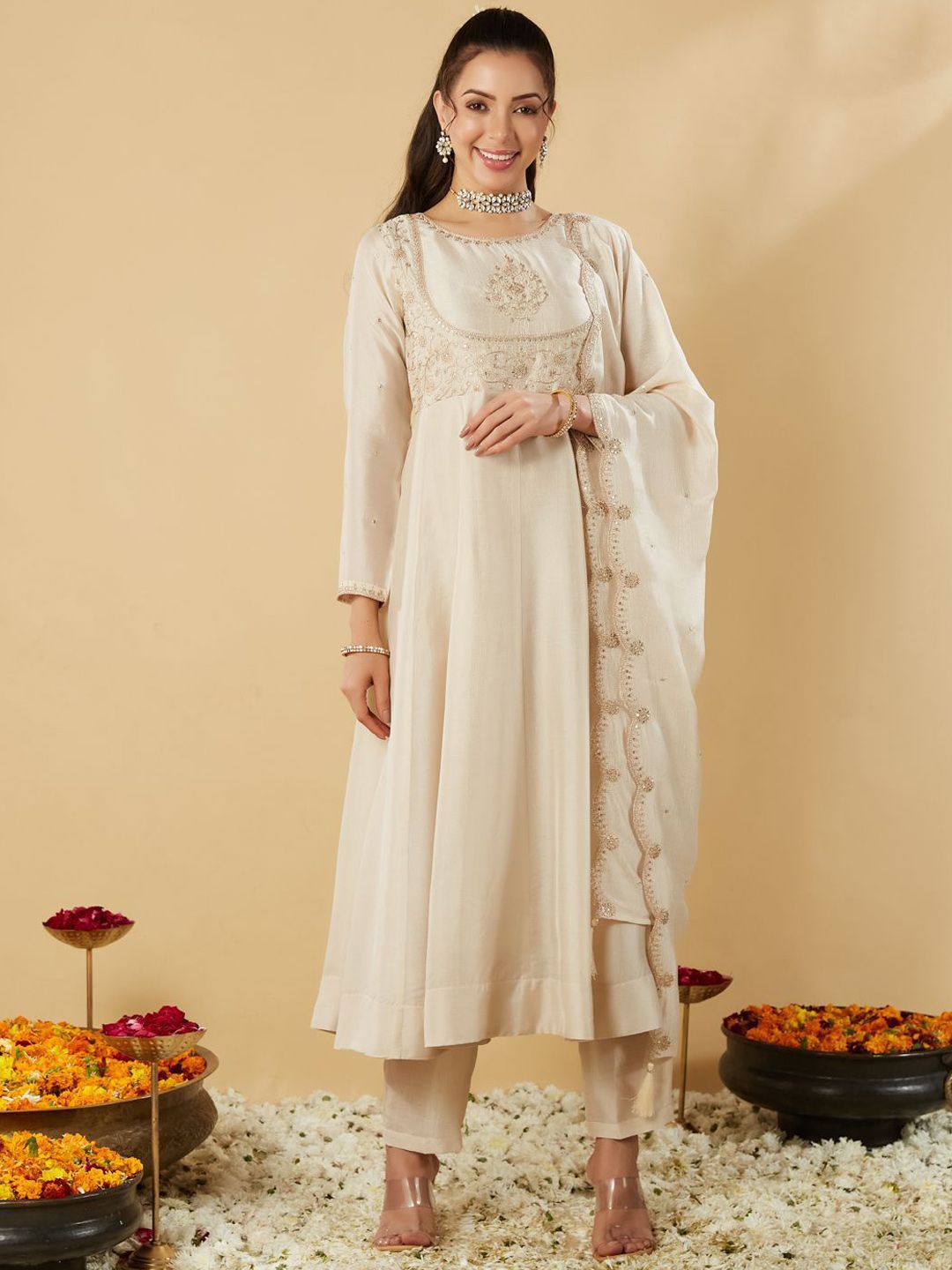 KALINI Floral Embroidered Round Neck Kurta With Trousers & Dupatta