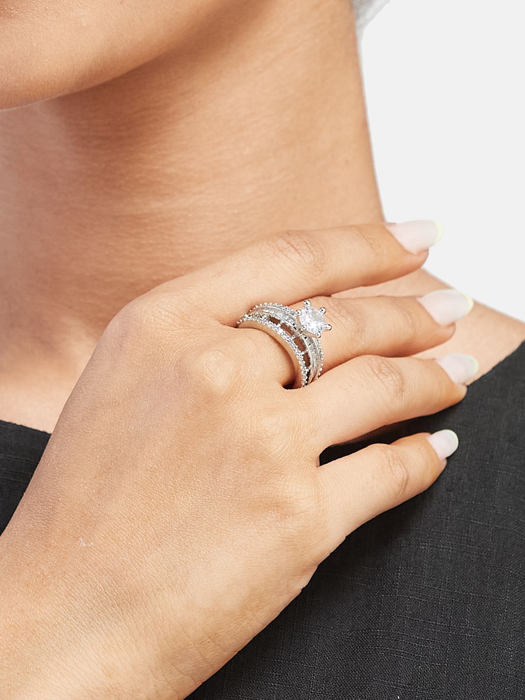 ATIBELLE Sliver-Plated Cubic-Zirconia-Studded Adjustable Finger Ring