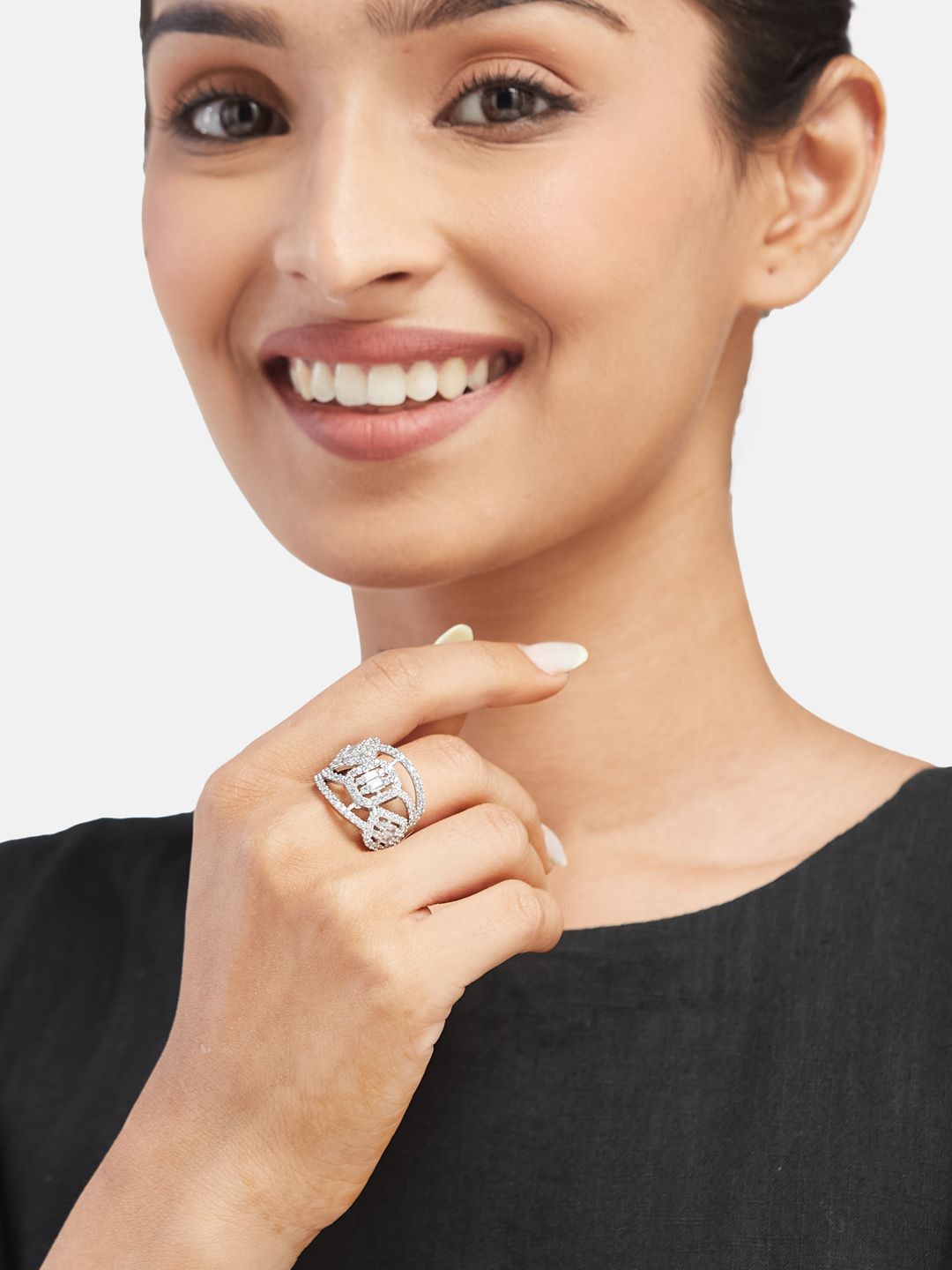 ATIBELLE Silver-Plated Cubic Zirconia-Studded Adjustable Finger Ring