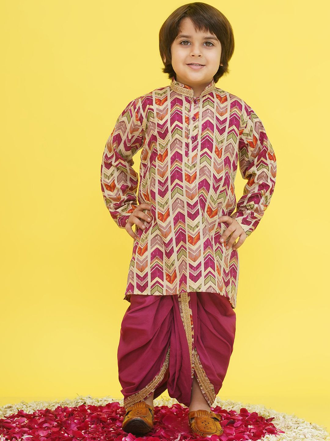 Aj DEZInES Boys Chevron Printed Long Sleeves Pure Cotton Kurta With Dhoti Pants-picture-41