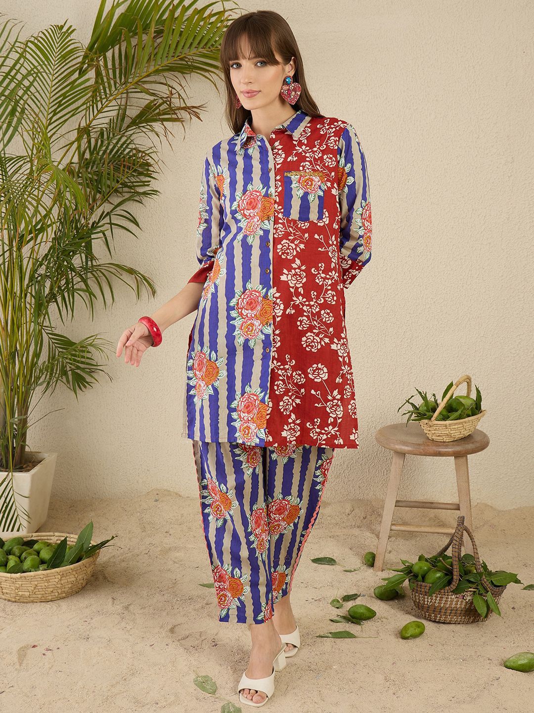 Indo Era Floral Printed Shirt Collar Pure Cotton Straight Kurti & Trousers-picture-24