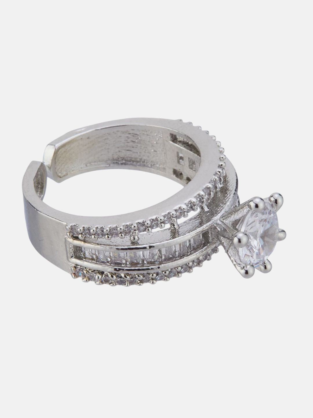 ATIBELLE Sliver-Plated Cubic-Zirconia-Studded Adjustable Finger Ring