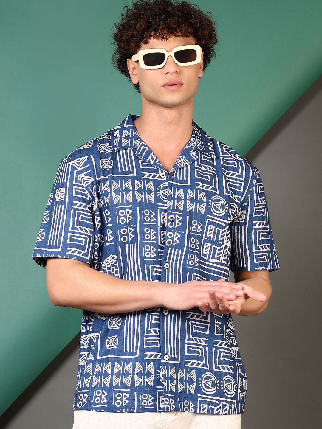 LIMEROAD Abstract Printed Notched Lapel Collar Casual Shirt-image-25