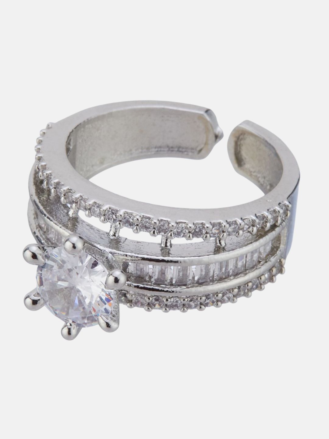 ATIBELLE Sliver-Plated Cubic-Zirconia-Studded Adjustable Finger Ring