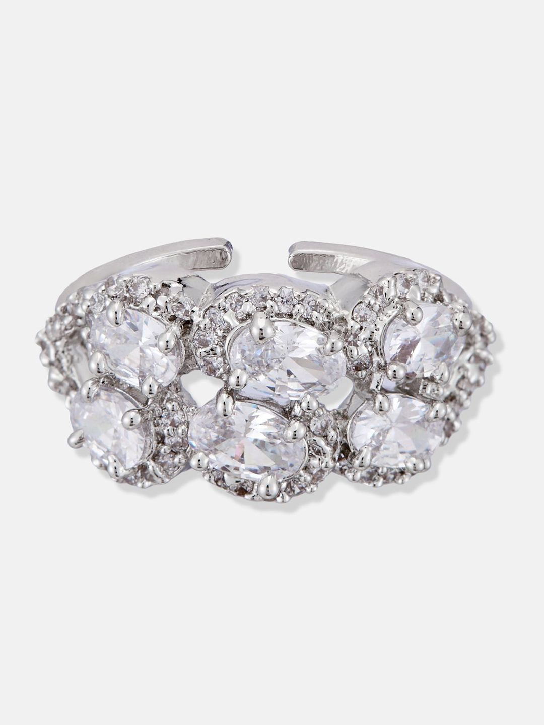 ATIBELLE Set Of 2 Silver-Plated Cubic Zirconia-Studded Adjustable Finger Ring