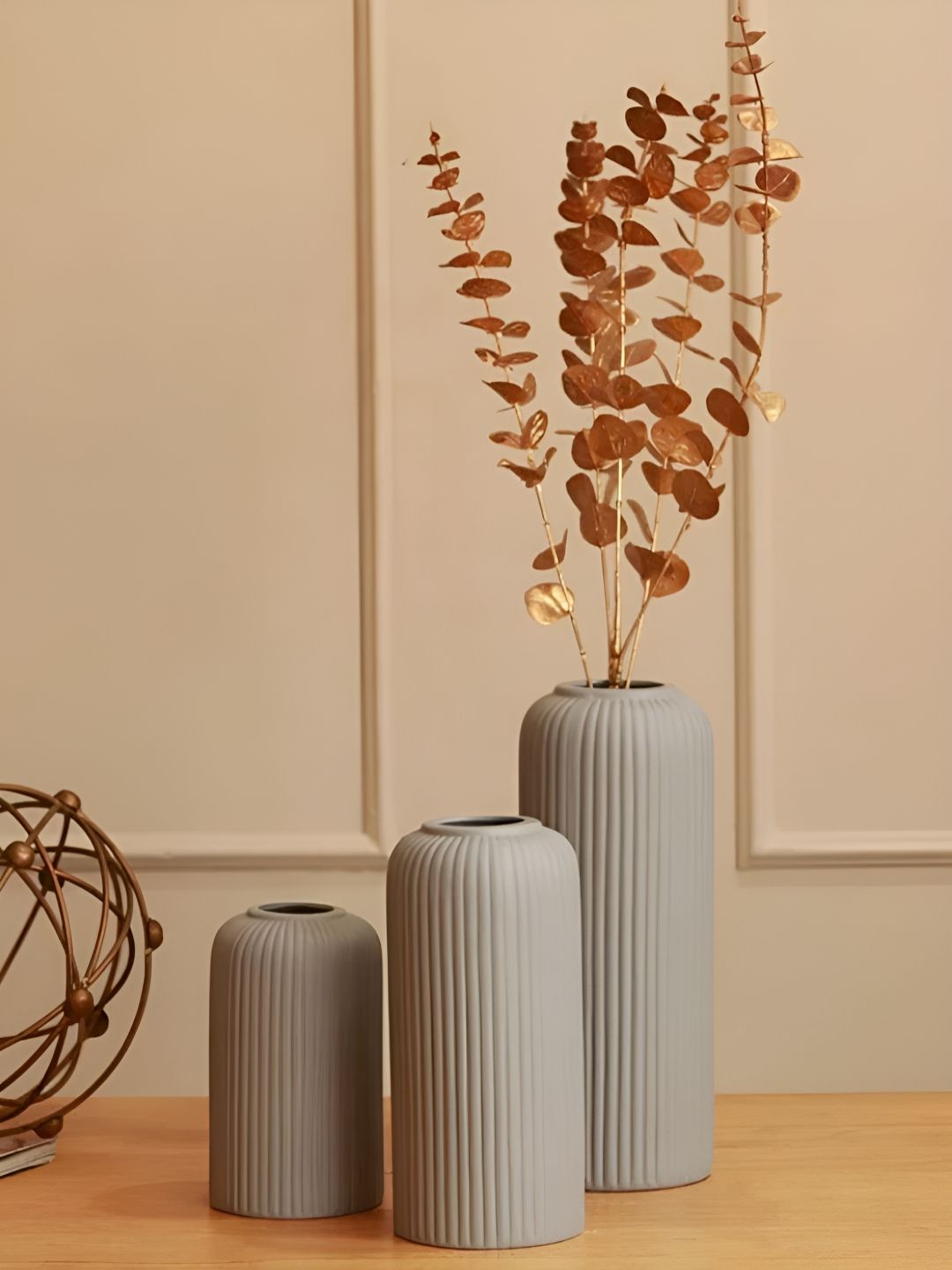 Kreative Arts 3-Pcs Grey Matte Finished Ribbed Ceramic Vases-image-45