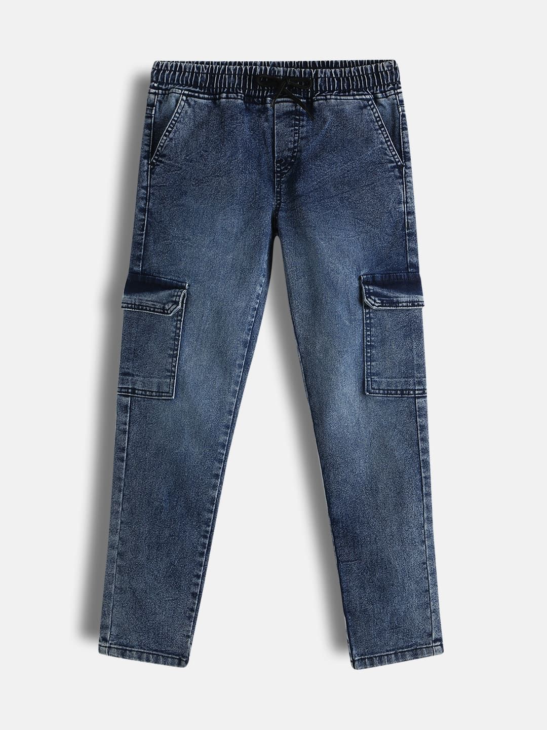 Urbano Juniors Boys Mid-Rise Heavy Fade Stretchable Washed Denim Cargo Jeans-picture-16