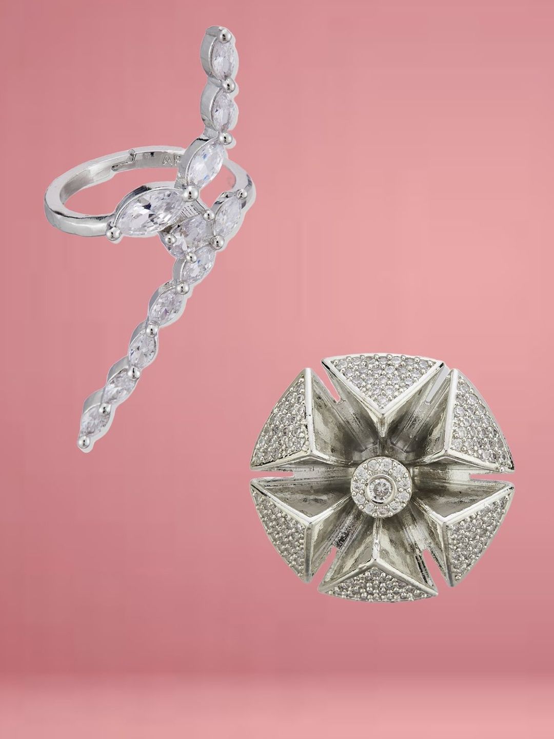 ATIBELLE Set Of 2 Silver-Plated Cubic Zirconia-Studded Adjustable Finger Ring