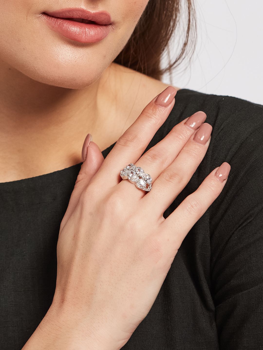 ATIBELLE Set Of 2 Silver-Plated Cubic Zirconia-Studded Adjustable Finger Ring