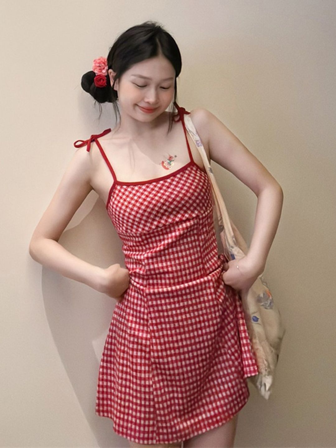 DressBerry CheckedShoulder Straps Sheath Mini Dress