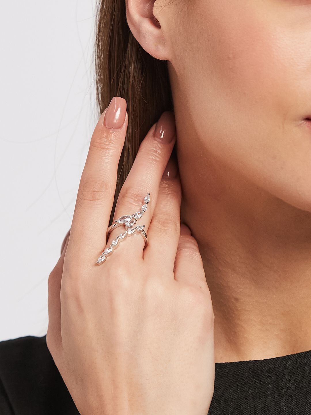 ATIBELLE Set Of 2 Silver-Plated Cubic Zirconia-Studded & Beaded Adjustable Finger Ring