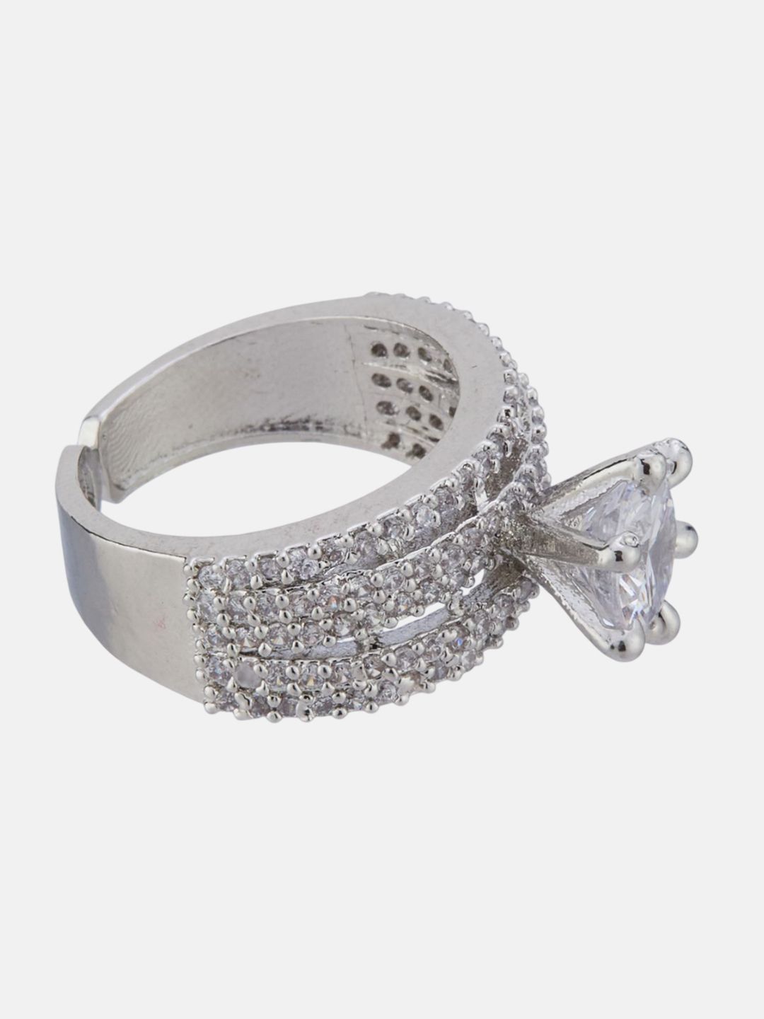ATIBELLE Silver-Plated Cubic Zirconia-Studded Adjustable Finger Ring