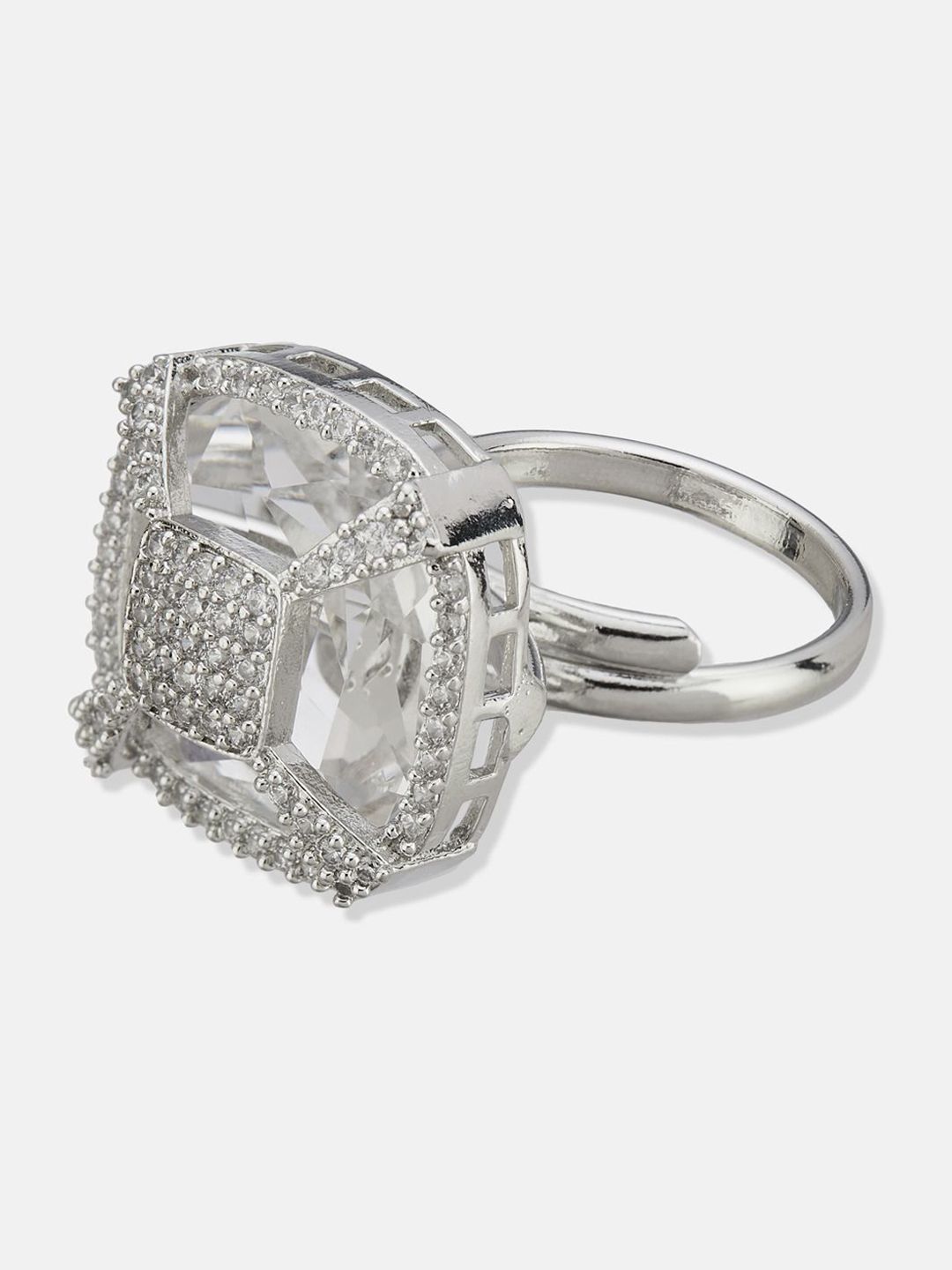 ATIBELLE Set Of 2 Silver-Plated Cubic Zirconia-Studded Adjustable Finger Ring