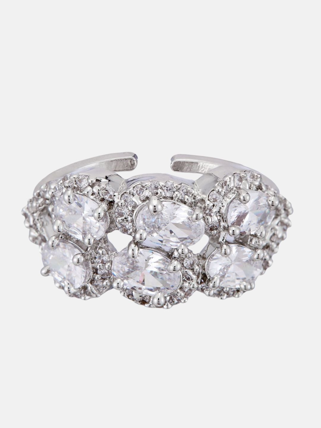 ATIBELLE Set Of 2 Silver-Plated Cubic Zirconia-Studded Adjustable Finger Ring