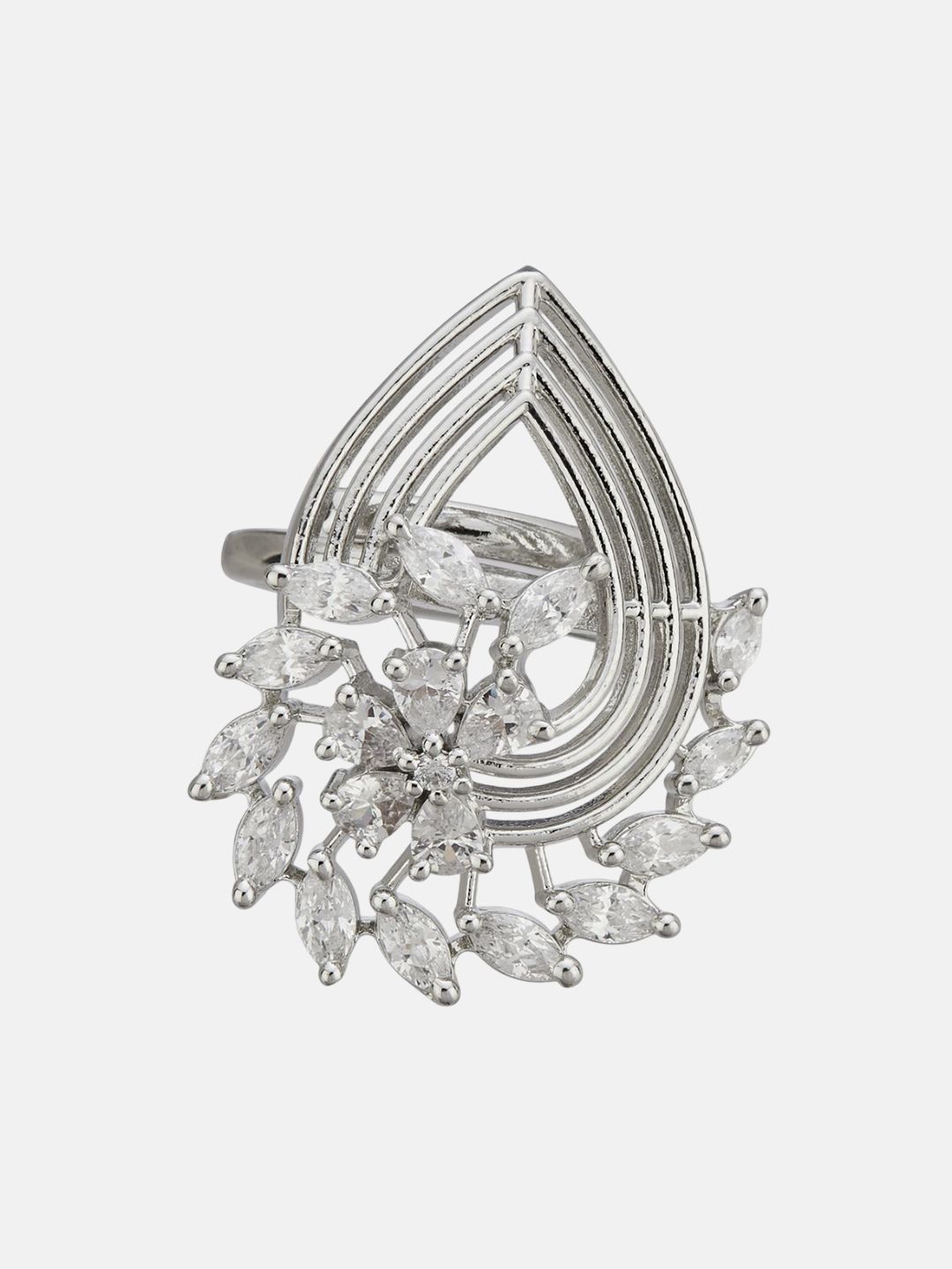 ATIBELLE Set Of 2 Silver-Plated Cubic Zirconia-Studded Adjustable Finger Ring