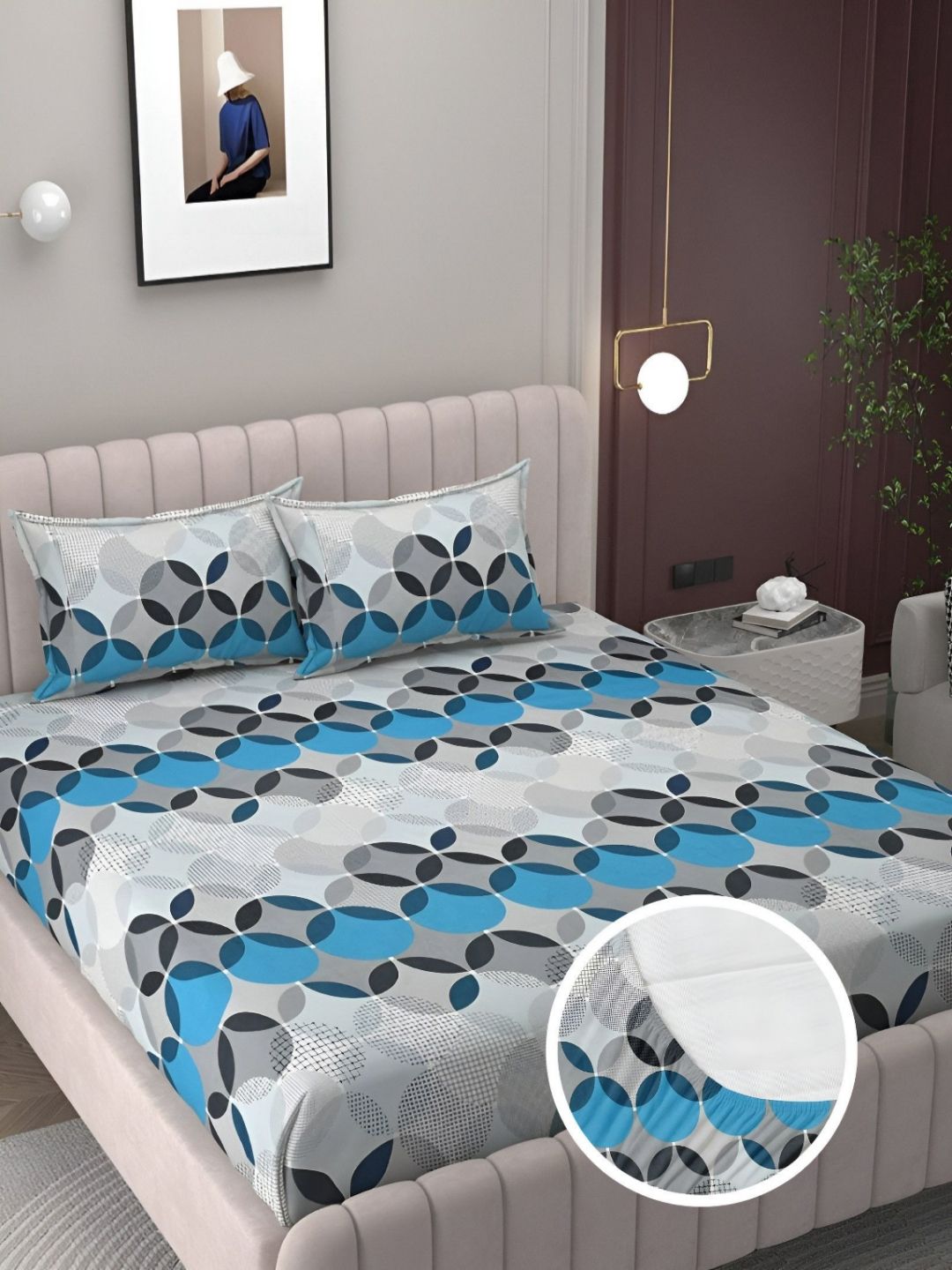 Myntra Elegant Homes Blue & Black Geometric 300 TC King Bedsheet with 2 Pillow Covers-picture-26
