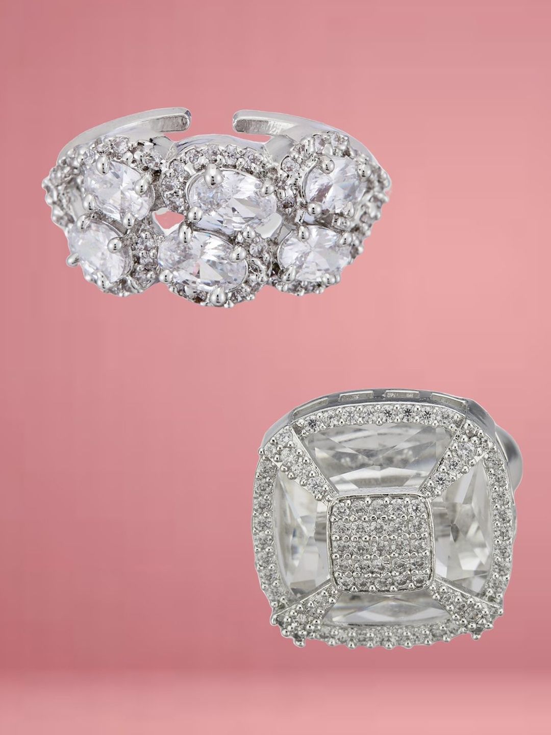 ATIBELLE Set Of 2 Silver-Plated Cubic Zirconia-Studded Adjustable Finger Ring