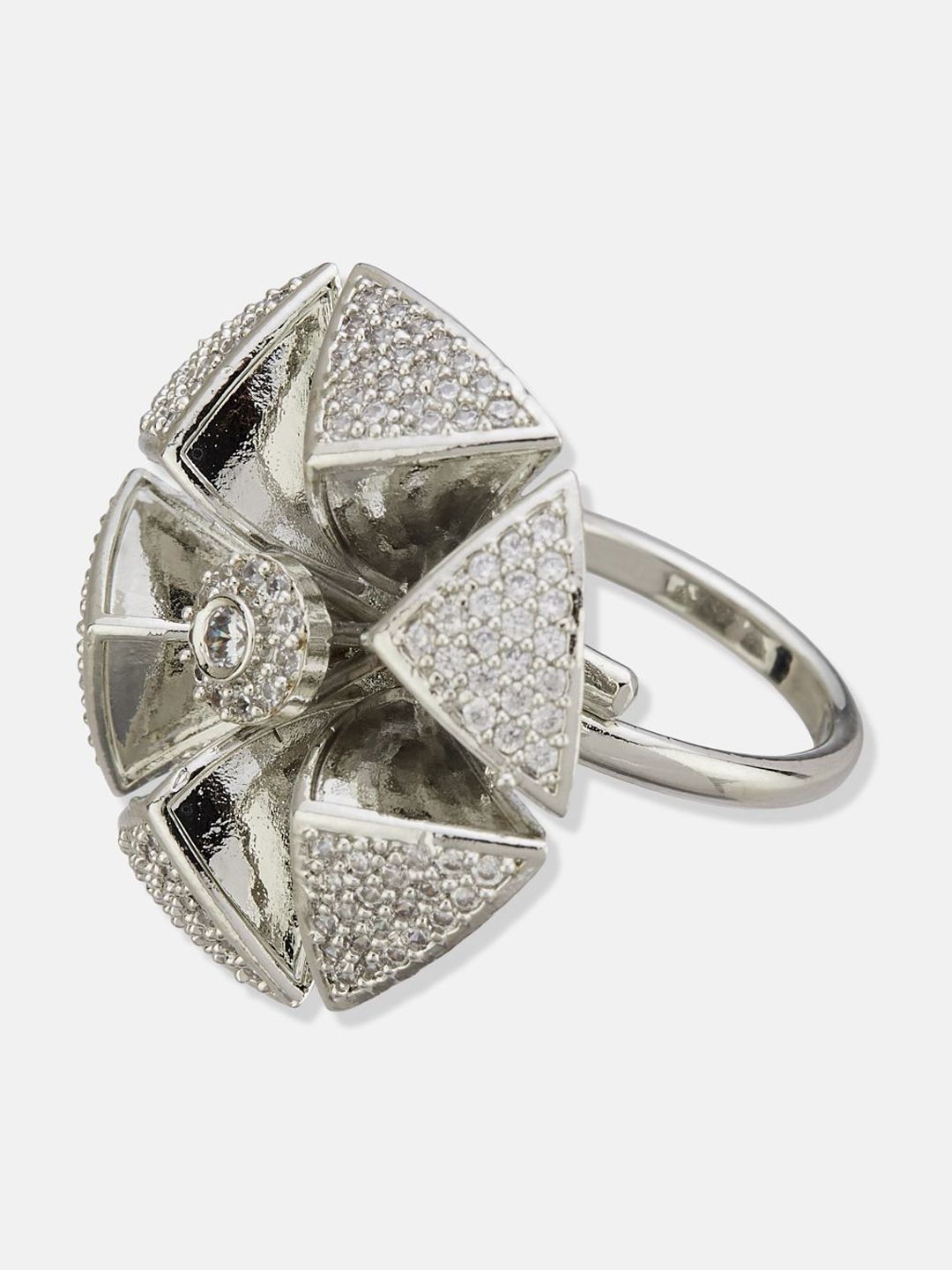 ATIBELLE Set Of 2 Silver-Plated Cubic Zirconia-Studded Adjustable Finger Ring
