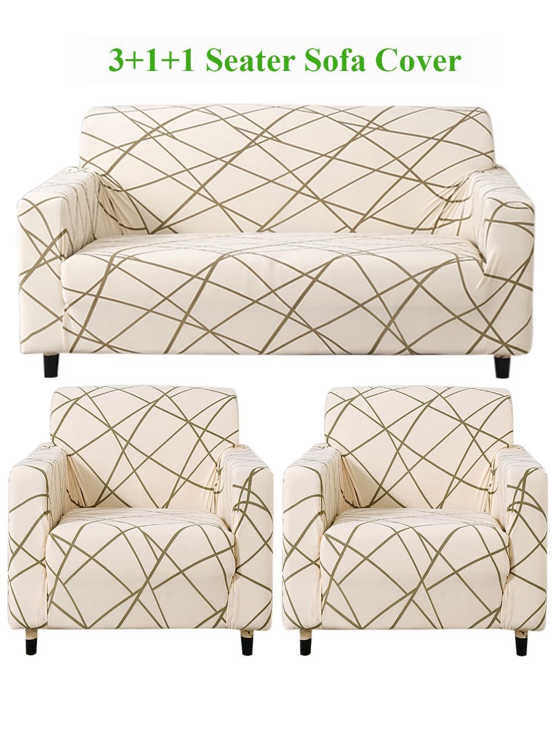 HOKIPO Beige Abstract Line Print 5 Seater Fully Covered Stretchable Sofa Cover-image-17