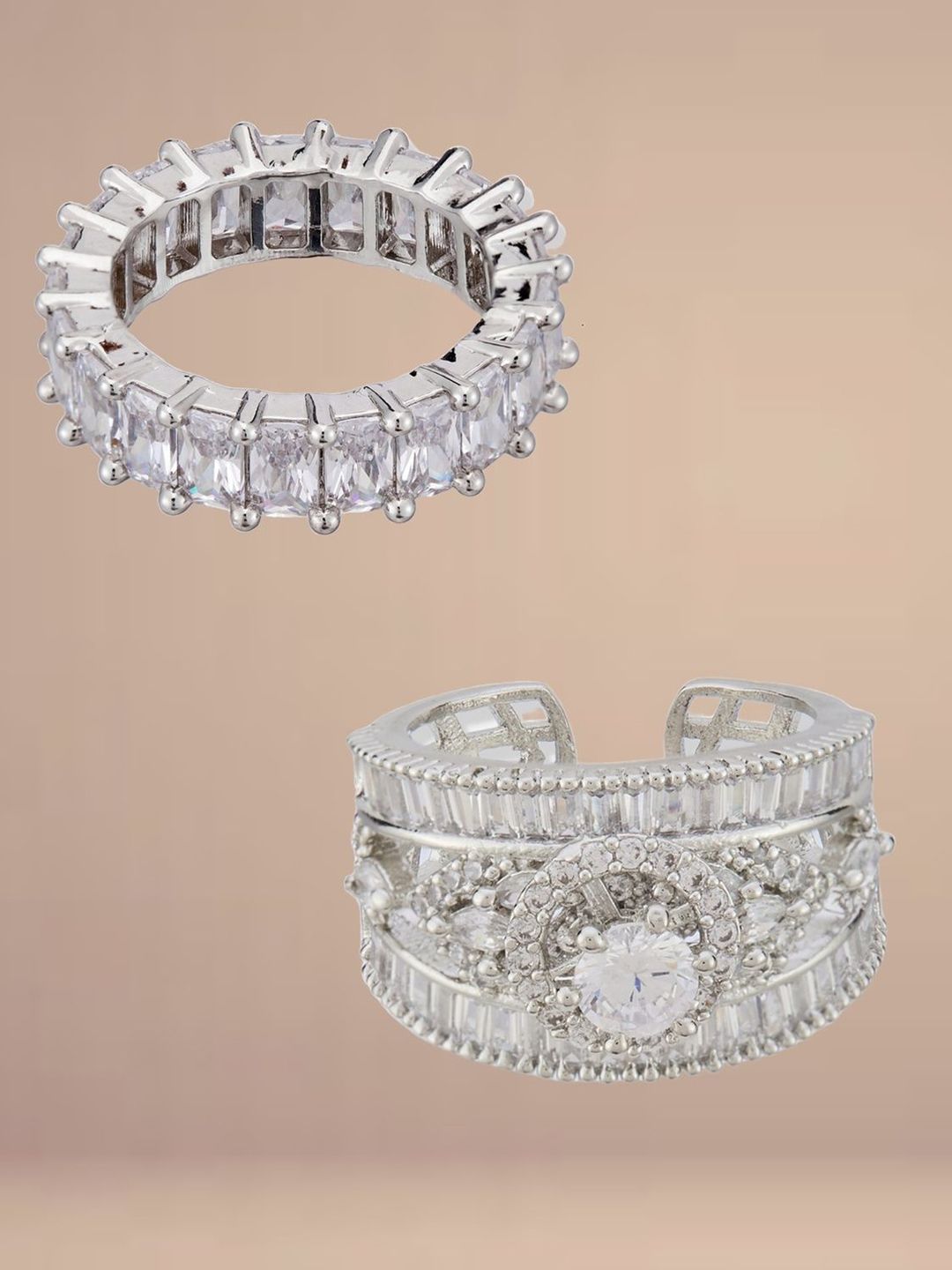 ATIBELLE Set Of 2 Silver-Plated Cubic Zirconia-Studded Adjustable Finger Ring