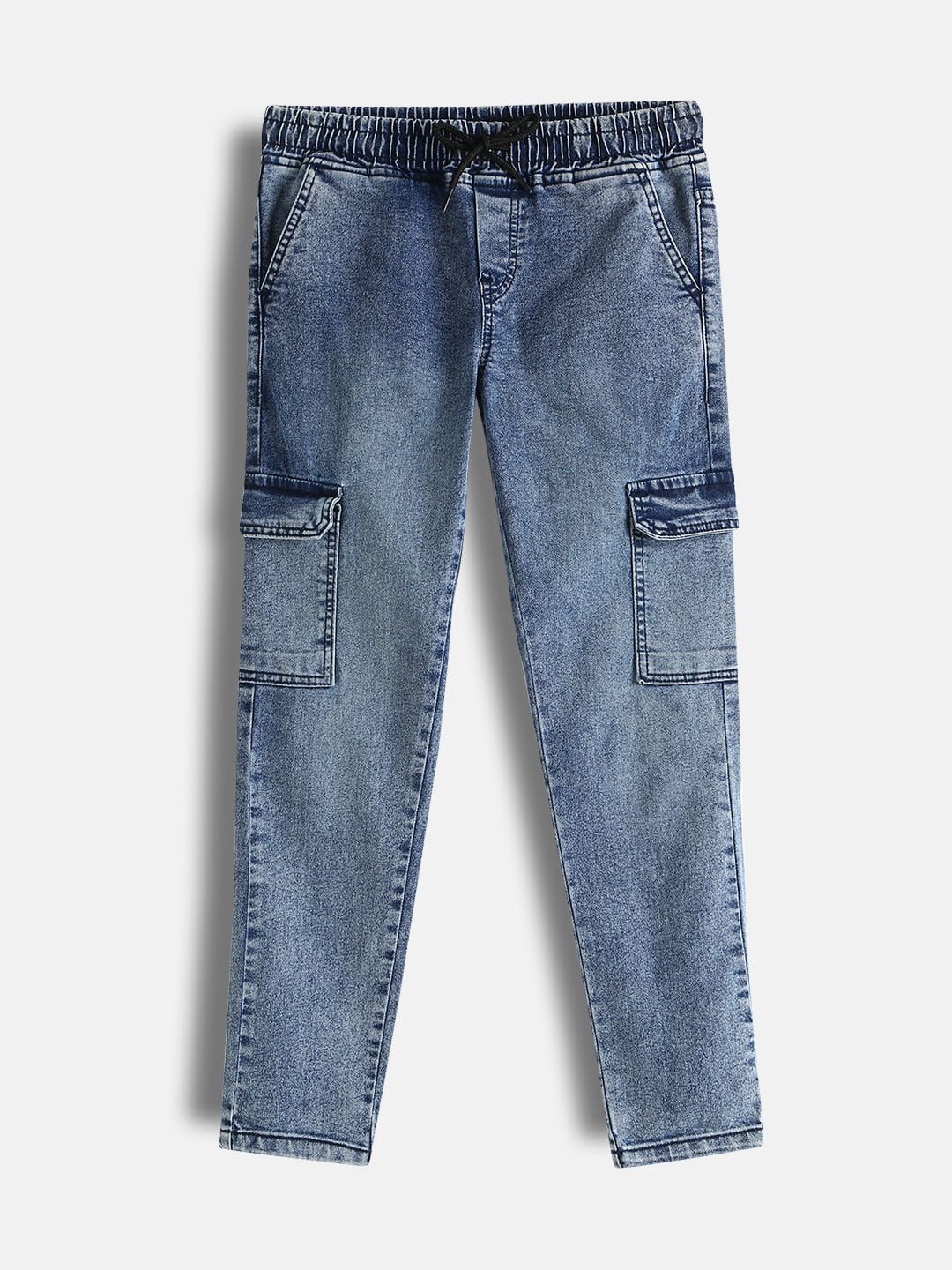 Urbano Juniors Boys Mid-Rise Heavy Fade Stretchable Washed Denim Cargo Jeans-picture-18