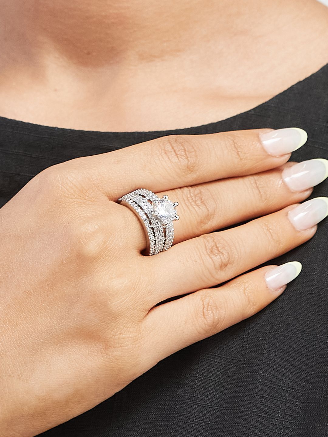 ATIBELLE Silver-Plated Cubic Zirconia-Studded Adjustable Finger Ring