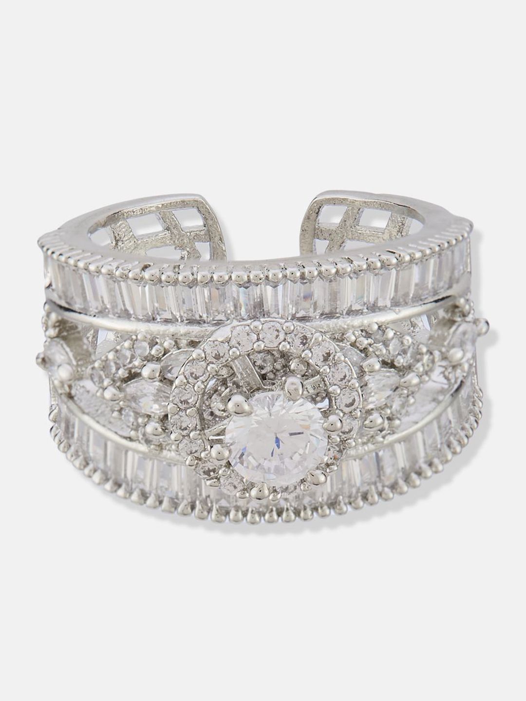 ATIBELLE Set Of 2 Silver-Plated Cubic Zirconia-Studded Adjustable Finger Ring