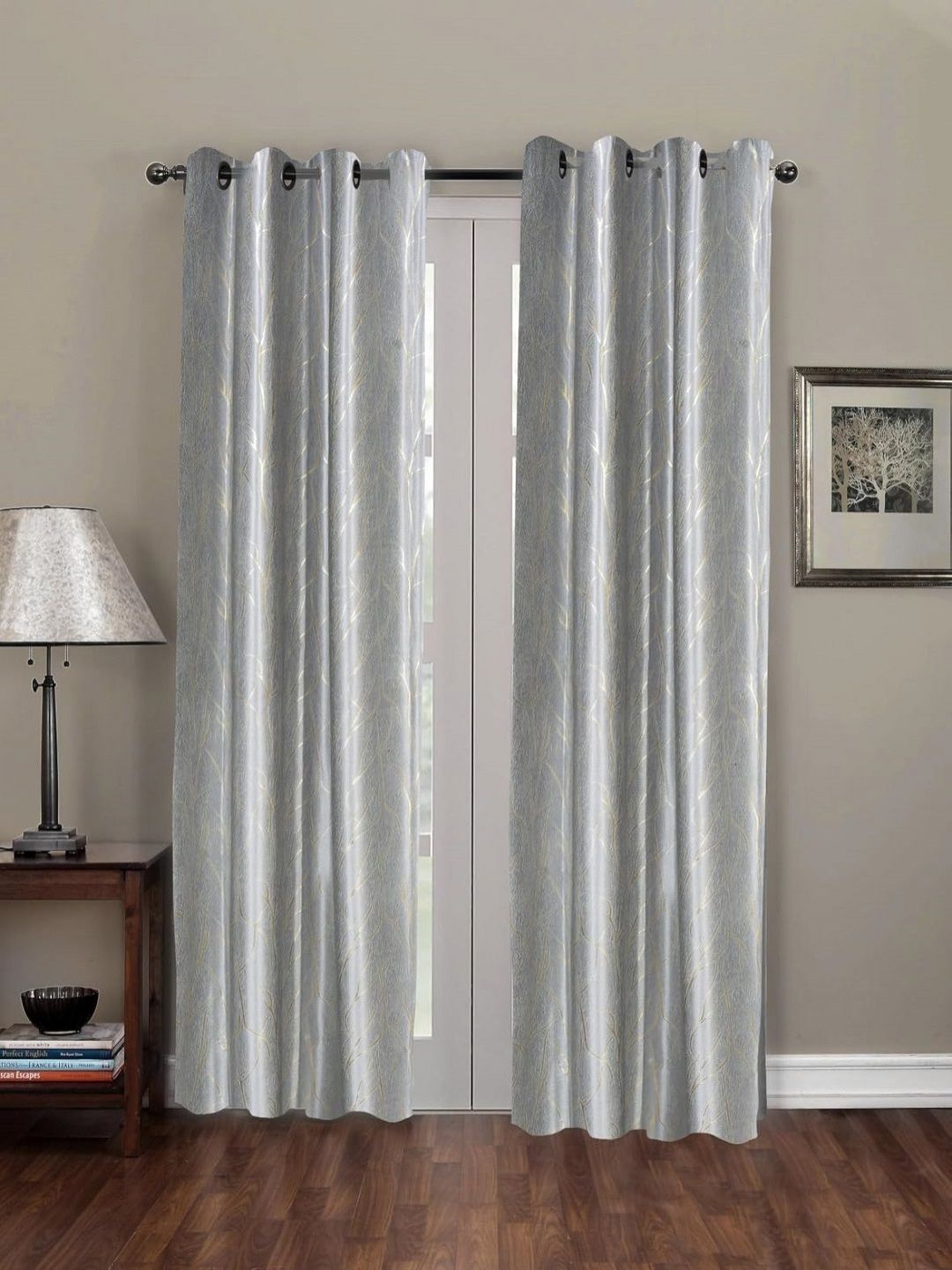 RRC Grey & Gold-Toned Set of 2 Floral Semi Blackout Long Door Curtains-picture-14