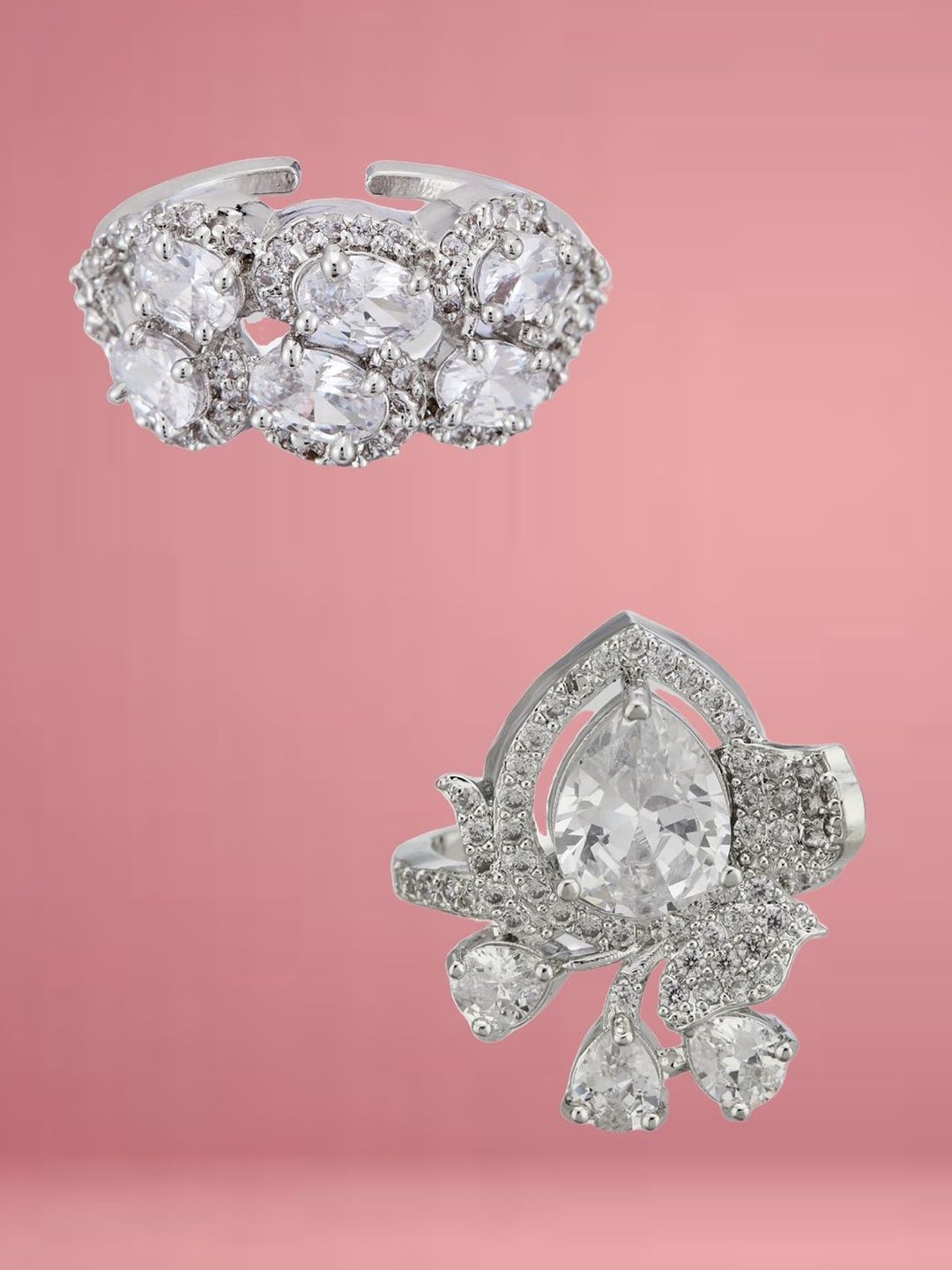 ATIBELLE Set Of 2 Silver-Plated Cubic Zirconia-Studded Adjustable Finger Ring