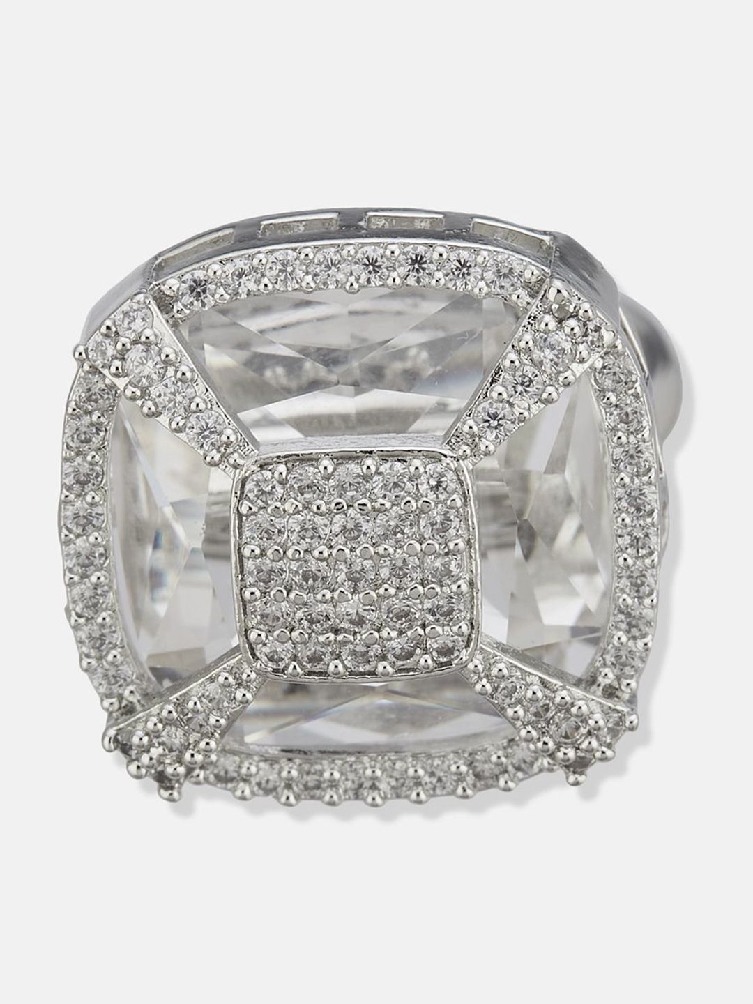 ATIBELLE Set Of 2 Silver-Plated Cubic Zirconia-Studded Adjustable Finger Ring