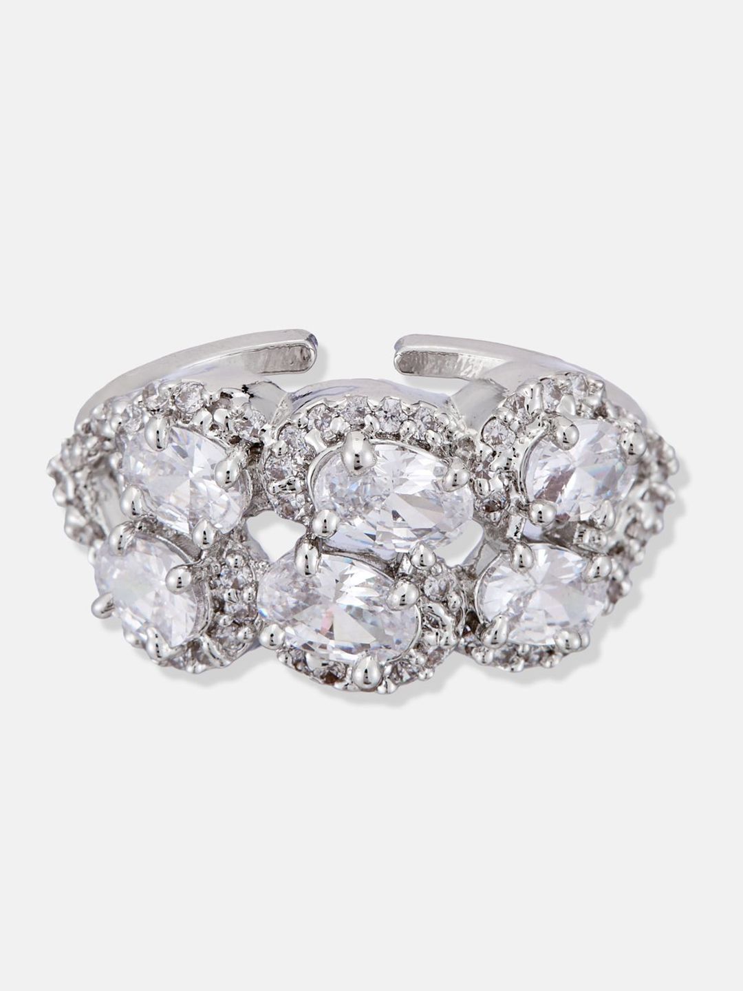 ATIBELLE Set Of 2 Silver-Plated Cubic Zirconia-Studded Adjustable Finger Ring