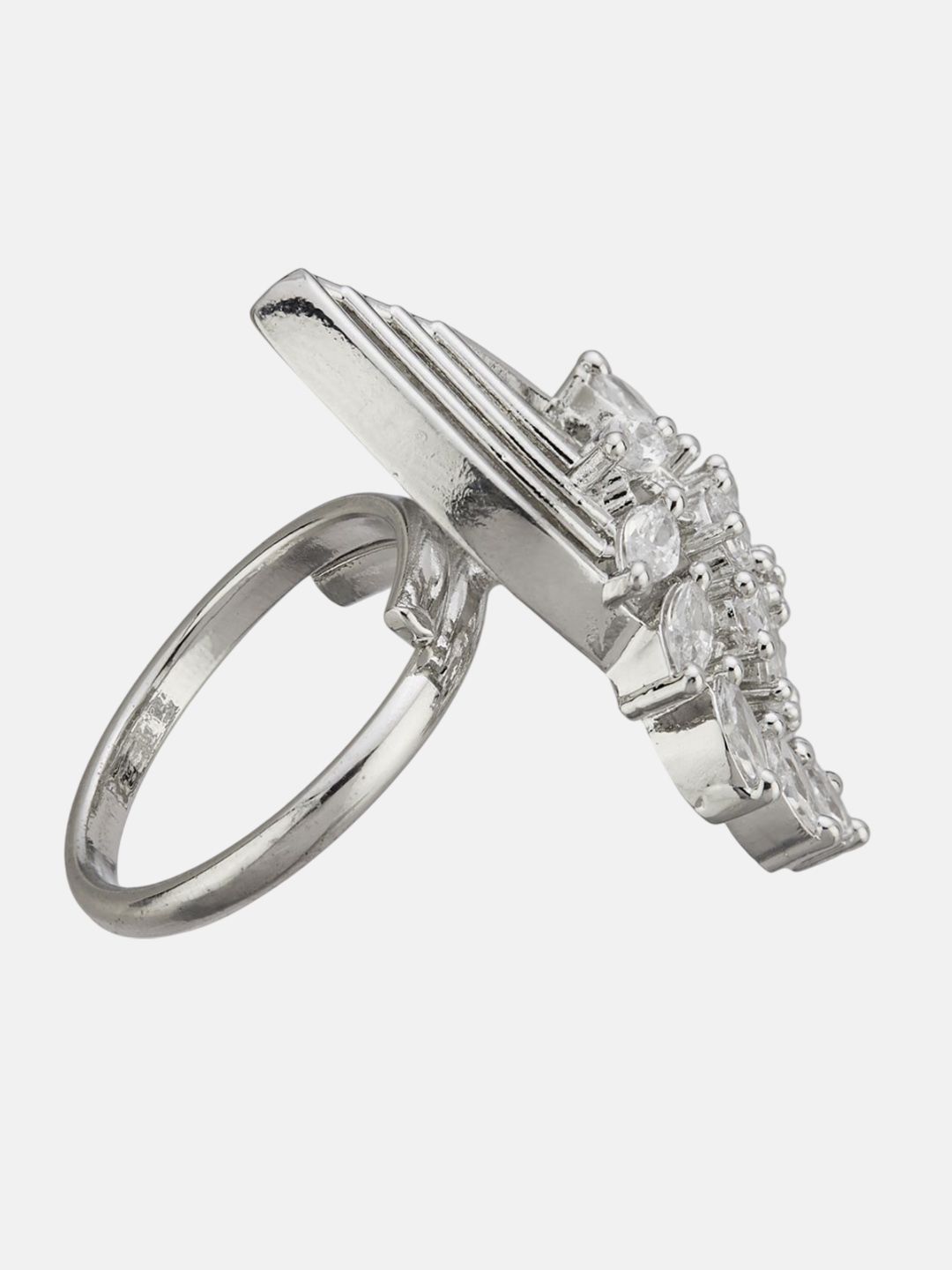 ATIBELLE Set Of 2 Silver-Plated Cubic Zirconia-Studded Adjustable Finger Ring