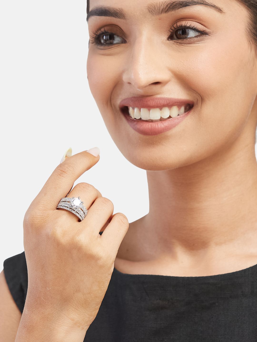 ATIBELLE Silver-Plated Cubic Zirconia-Studded Adjustable Finger Ring