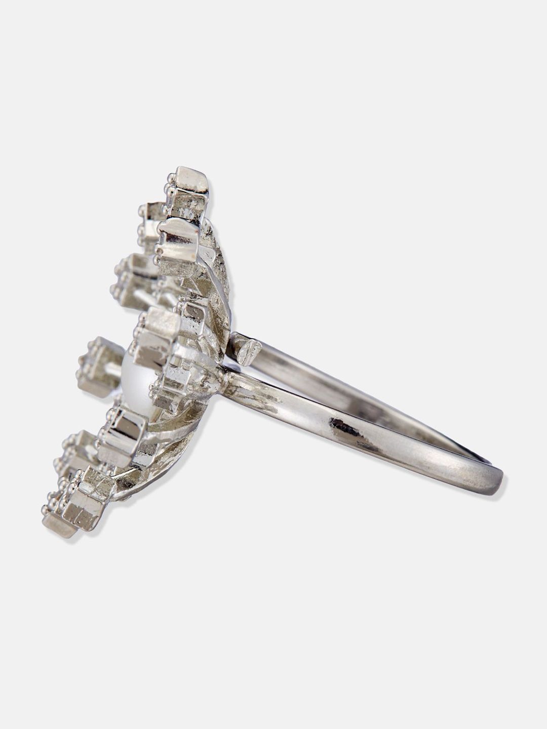ATIBELLE Set Of 2 Silver-Plated Cubic Zirconia-Studded & Beaded Adjustable Finger Ring