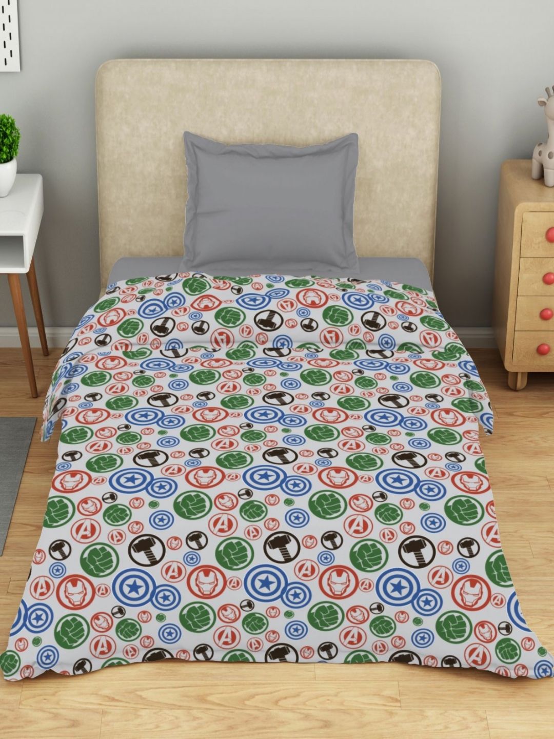 SPACES Kids Grey & Green Cartoon Printed Pure Cotton AC Room Double Bed Comforter-picture-12
