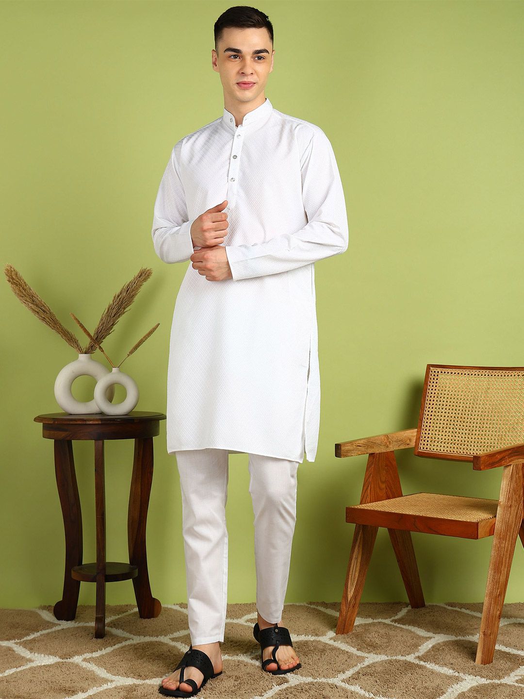 FUBAR Geometric Embroidered Mandarin Collar Straight Cotton Kurta-picture-56