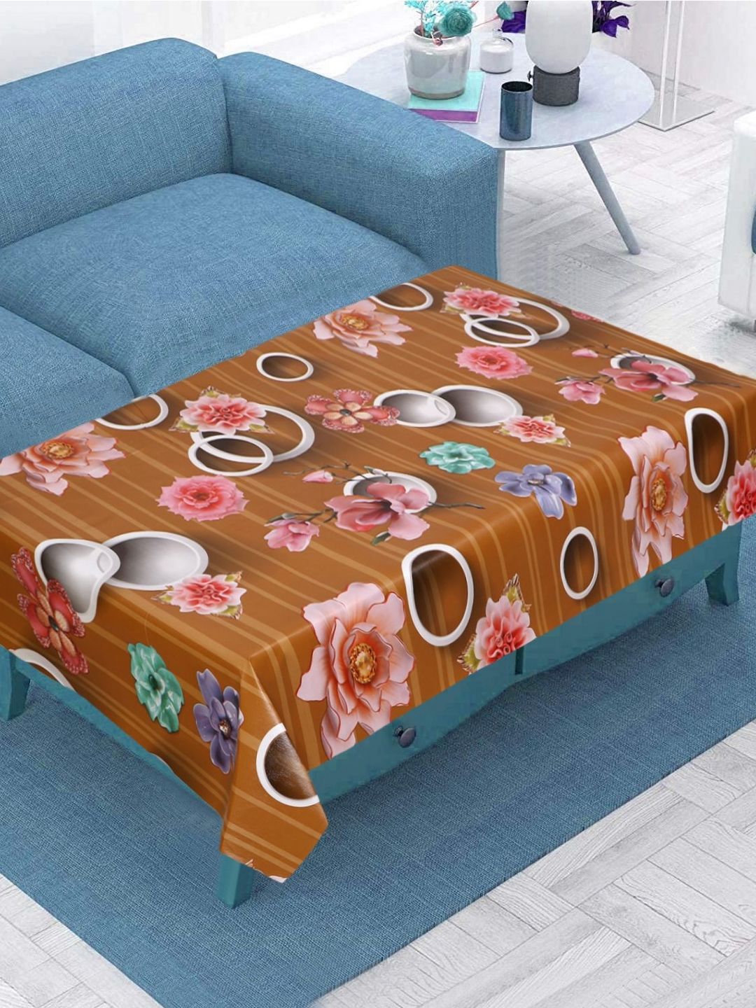 LooMantha Brown And White Floral Printed Rectangle Waterproof Plastic 4-Seater Table Cover-image-33