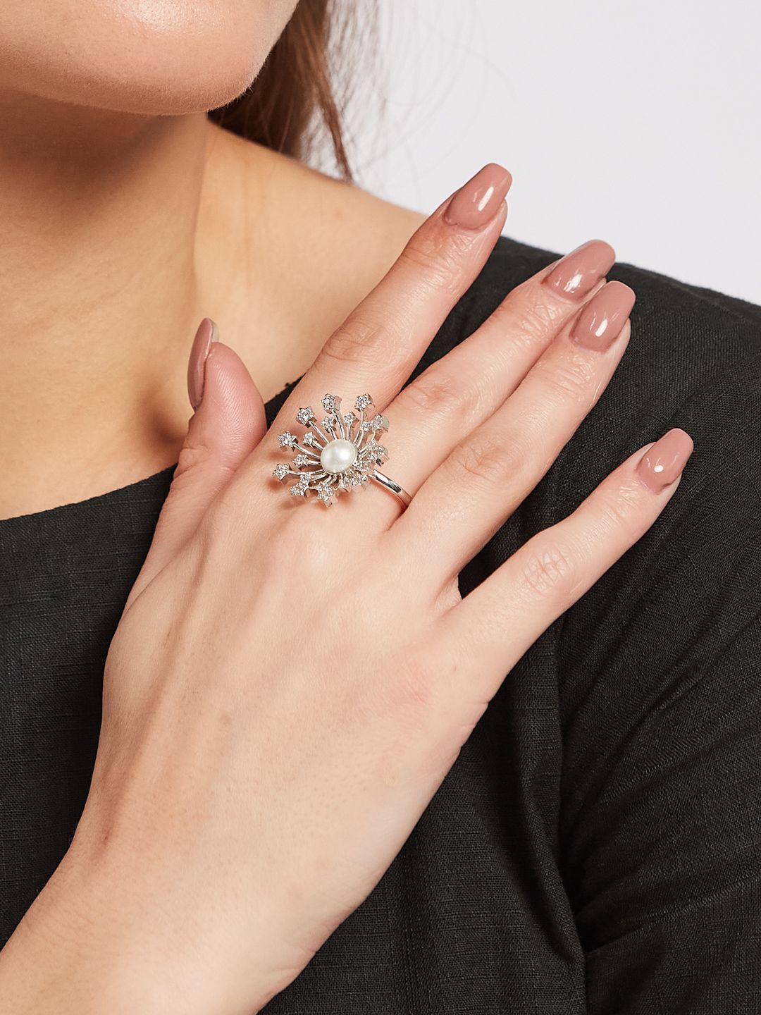 ATIBELLE Set Of 2 Silver-Plated Cubic Zirconia-Studded & Beaded Adjustable Finger Ring