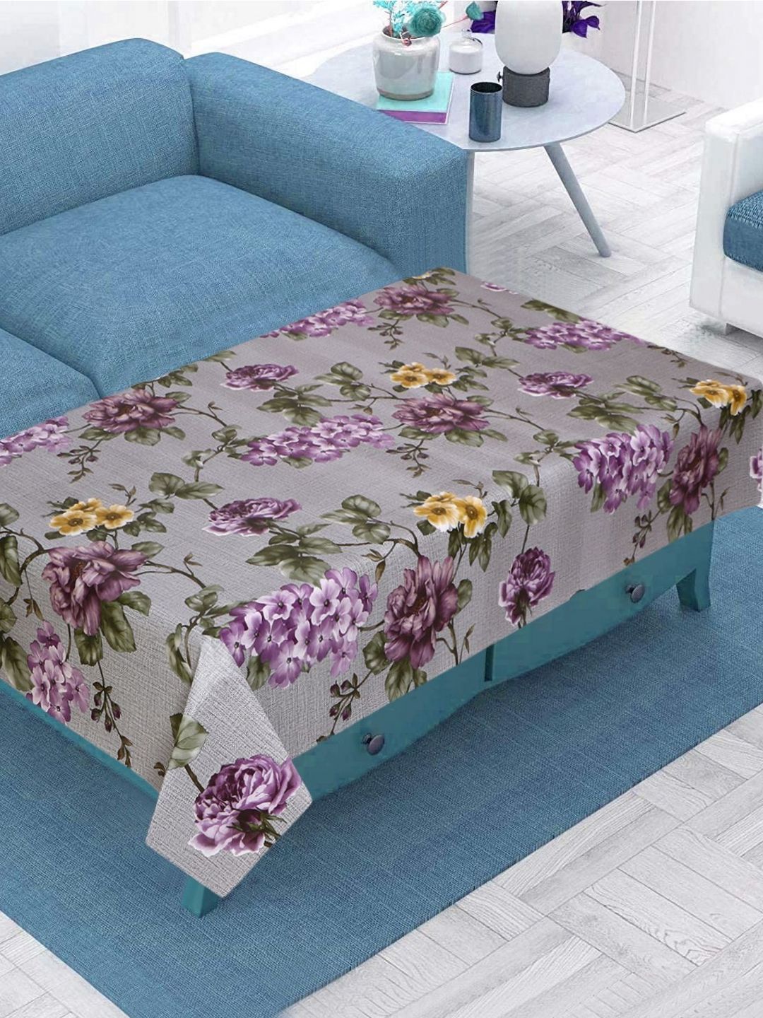 LooMantha Purple And Grey Floral Printed Rectangle Waterproof Plastic 4-Seater Table Cover-image-20