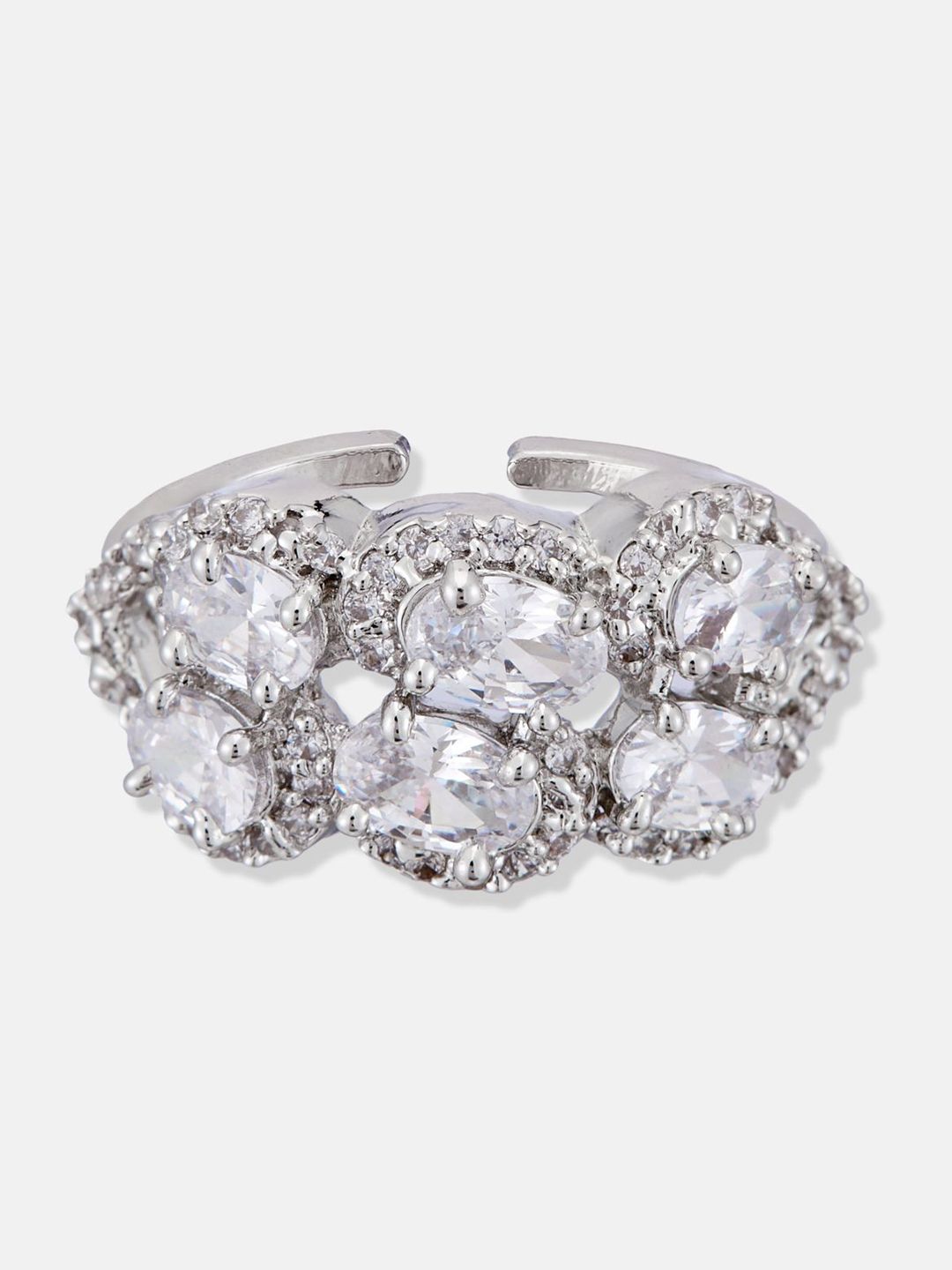 ATIBELLE Set Of 2 Silver-Plated Cubic Zirconia-Studded Adjustable Finger Ring