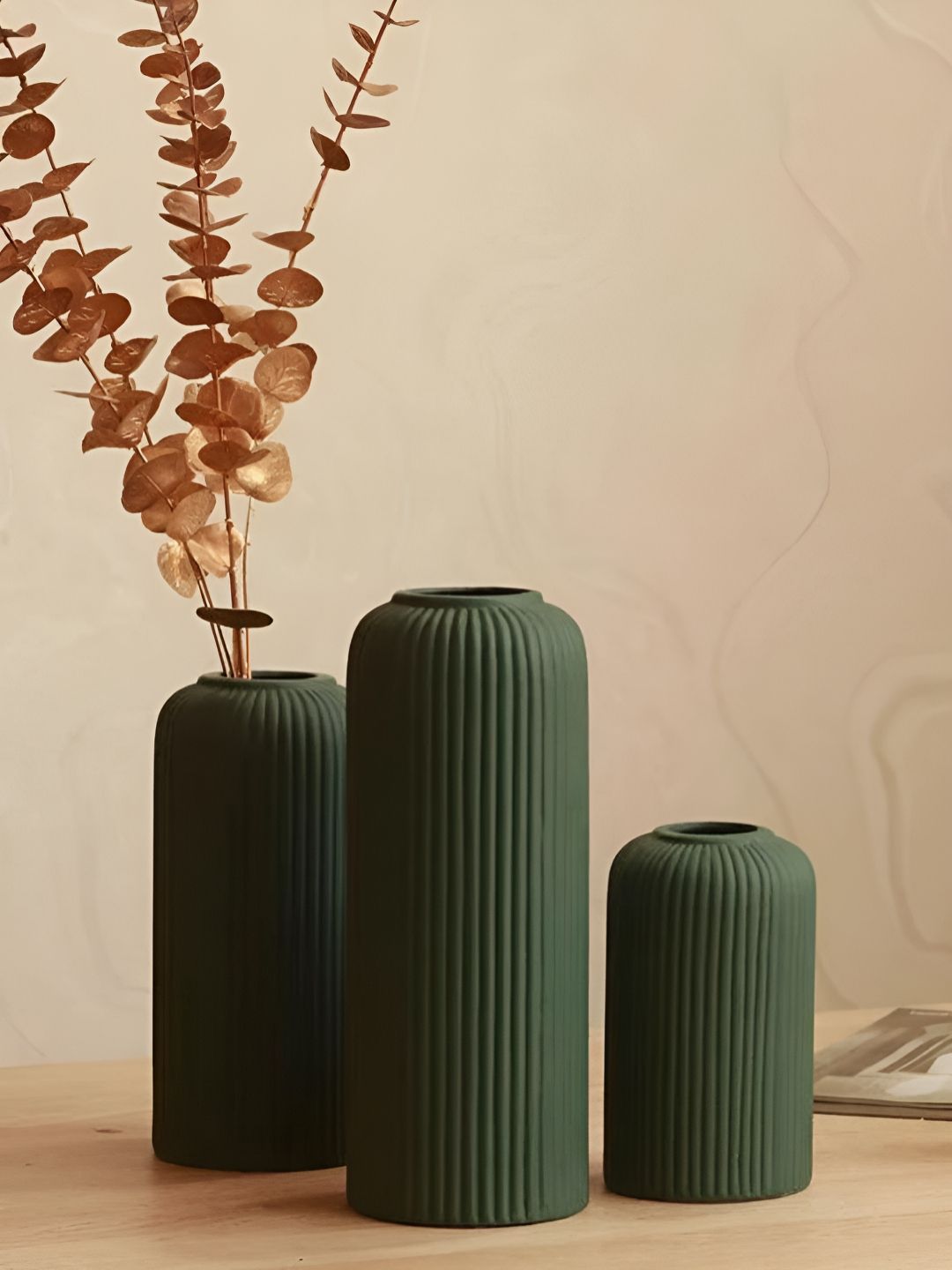 Kreative Arts Set Of 3 Green Ribbed Design Ceramic Flower Vases-image-37