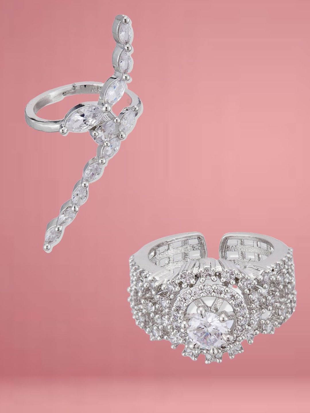ATIBELLE Set Of 2 Silver-Plated Cubic Zirconia-Studded Adjustable Finger Ring
