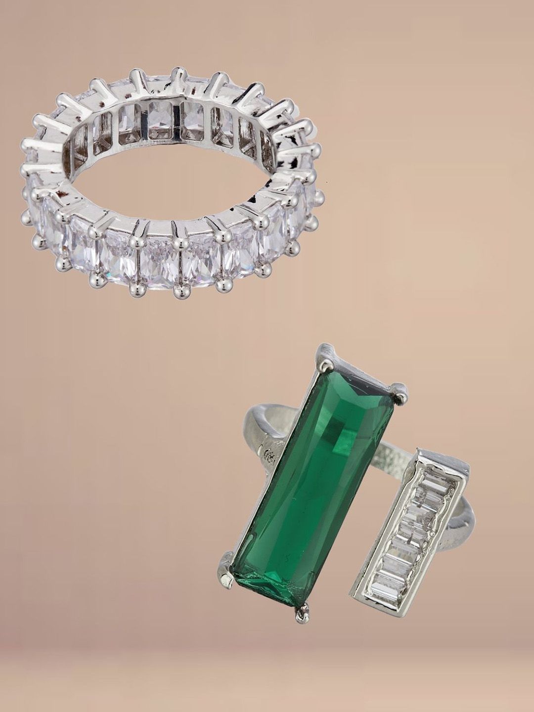 ATIBELLE Set Of 2 Silver-Plated Cubic Zirconia-Studded Adjustable Finger Ring