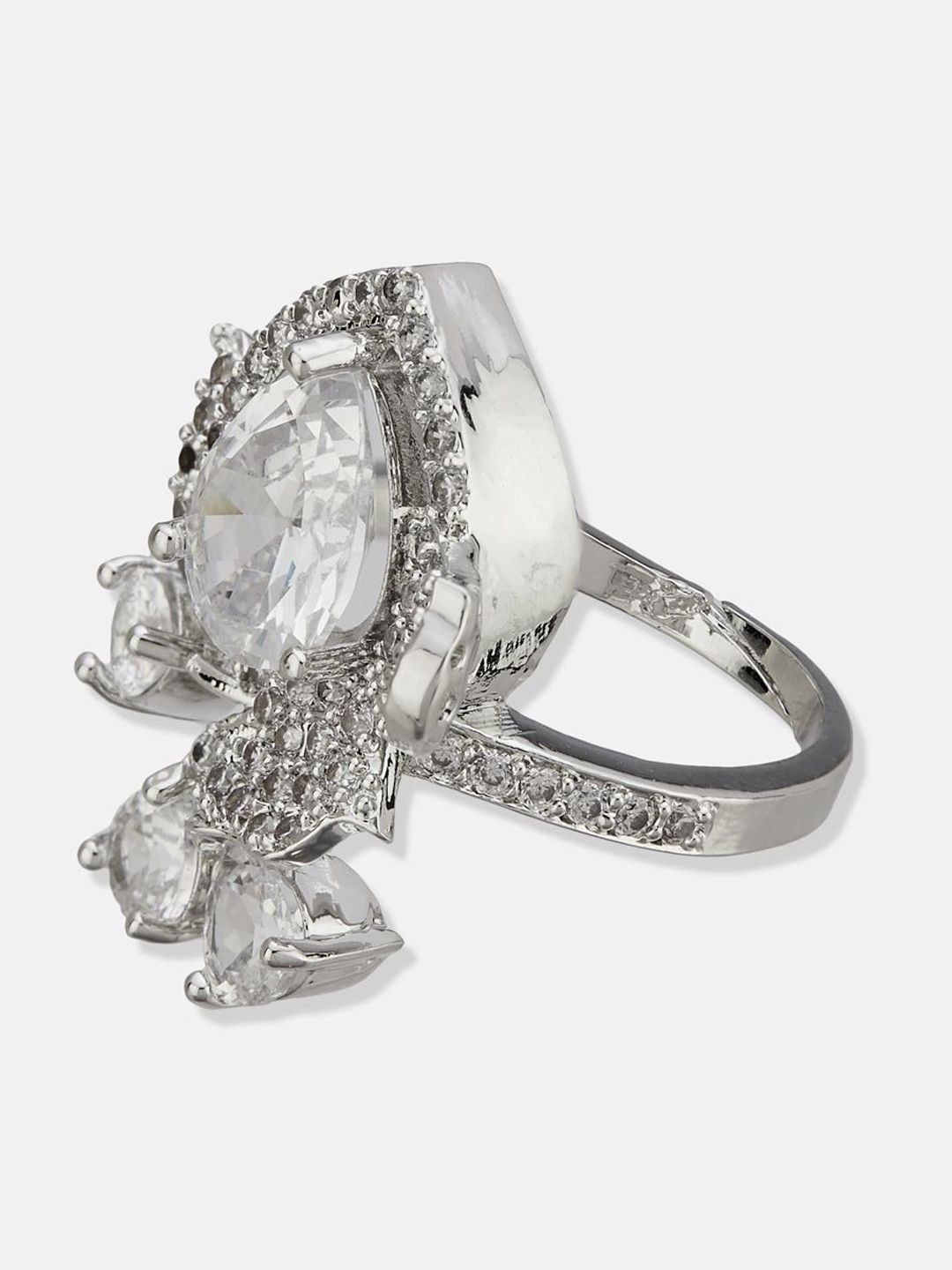 ATIBELLE Set Of 2 Silver-Plated Cubic Zirconia-Studded Adjustable Finger Ring