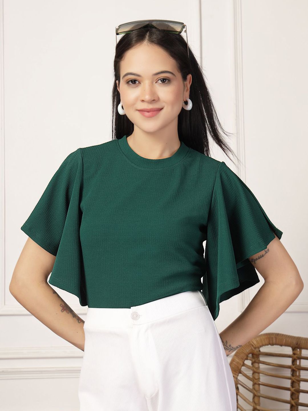 Style Quotient Textured Round Neck Bell Sleeve Top-picture-40