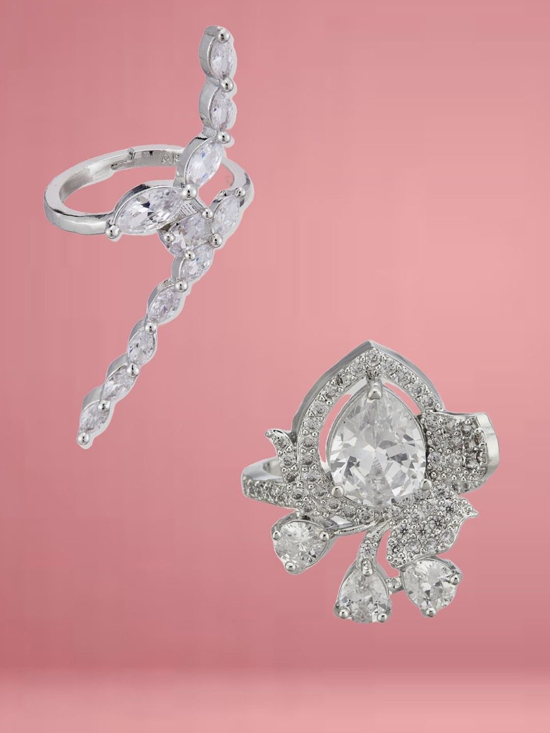 ATIBELLE Set Of 2 Silver-Plated Cubic Zirconia-Studded Adjustable Finger Ring