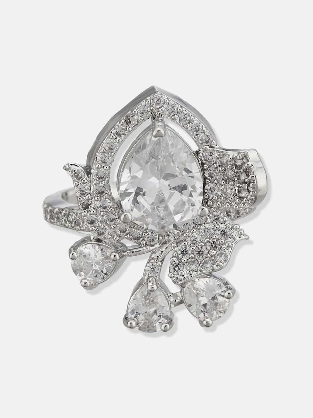 ATIBELLE Set Of 2 Silver-Plated Cubic Zirconia-Studded Adjustable Finger Ring