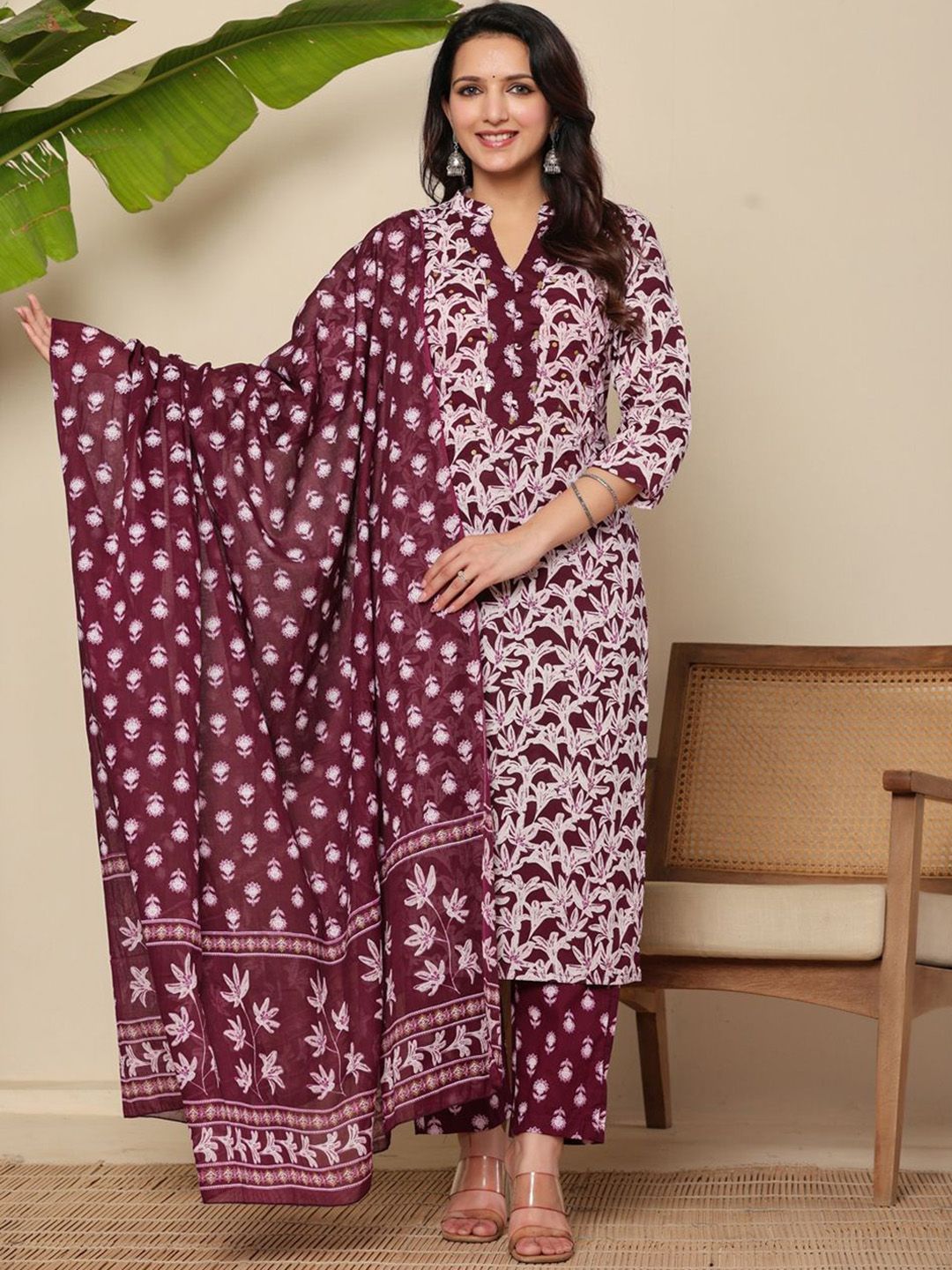 FLAMBOYANT Floral Printed Sequnnied Pure Cotton Straight Kurta With Trousers & Dupatta