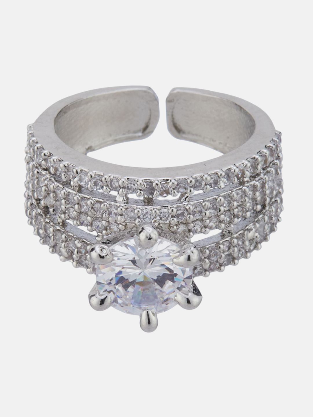 ATIBELLE Silver-Plated Cubic Zirconia-Studded Adjustable Finger Ring