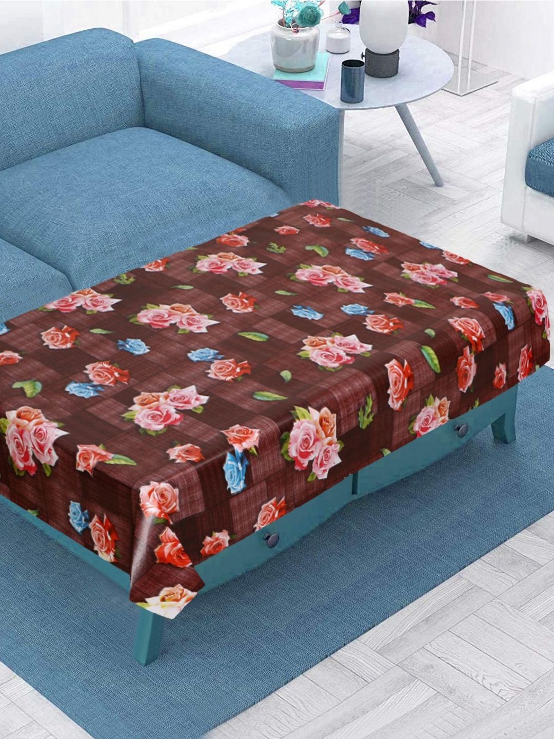 LooMantha Brown And Blue Floral Printed Rectangle Waterproof Plastic 4-Seater Table Cover-image-1